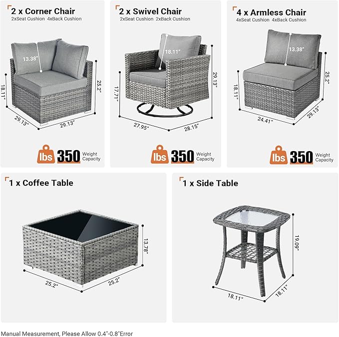 ovios Outdoor 10 Piece Coversation Set with Swivel Rocking Chair,Sectional Patio Furniture Set with All-Weather Wicker Sofa,Modern Outside Couch for Balcony Backyard Pool, Dark Grey