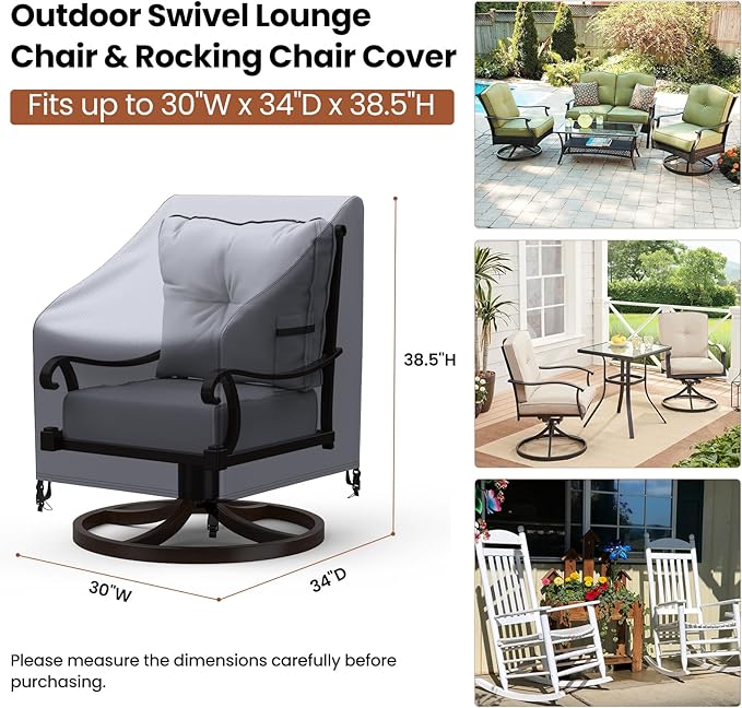 Mrrihand Patio Chair Covers, 2 Pack Outdoor Swivel Lounge Chair Cover, Heavy Duty Patio Rocking Chair Covers, Patio Furniture Covers Waterproof, 30" W×34" D×38.5" H, Grey