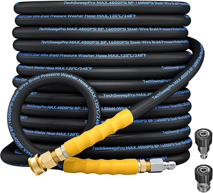 3/8" 4800PSI Pressure washer hose 50ft for cold and hot water Max 248°F with 3/8"quick connect Kink resistant Steel Wire Braided Power Washer Hose with M22 14mm Adapter，Blue
