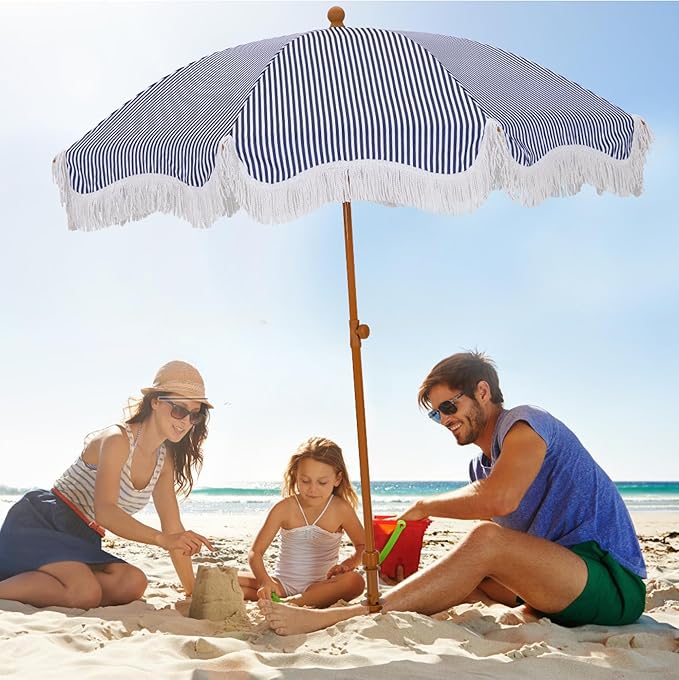 HERA'S PALACE 7ft Heavy Duty Beach Umbrella with Sand Anchor, Fringe Umbrella for Sand, UV 50+, Patio Umbrella with Tilt Pole for Garden Pool Backyard