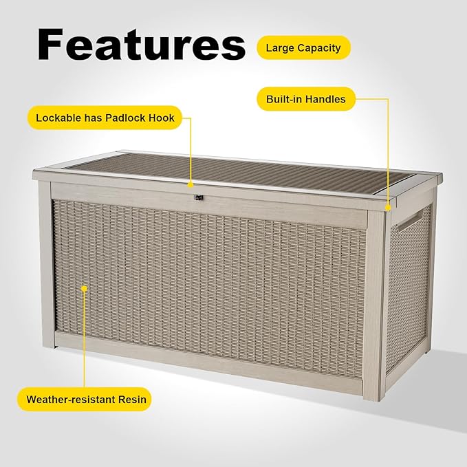 Outdoor Waterproof Resin Storage Deck Box Lockable Outside Bench UV Resistant Bin Patio Porch Furniture Pool Float Garden Tool Cushion (Grey, 320 Gallon)