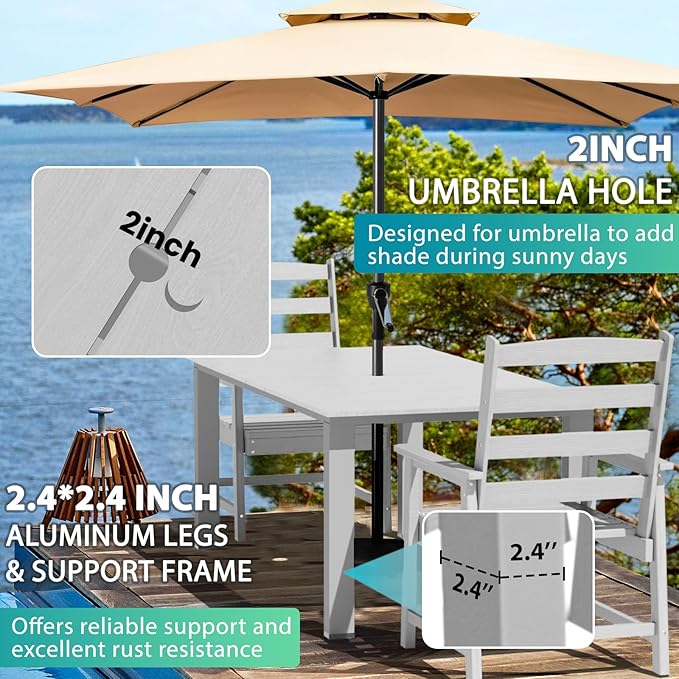 LOUNZY 7 Pieces Patio Dining Sets, 75.2'' Table Outdoor HDPE Furniture Set w/ 2" Hole Cut-Out Dining Table with 6 Patio Chairs for Lawn, Pool and Yard,White