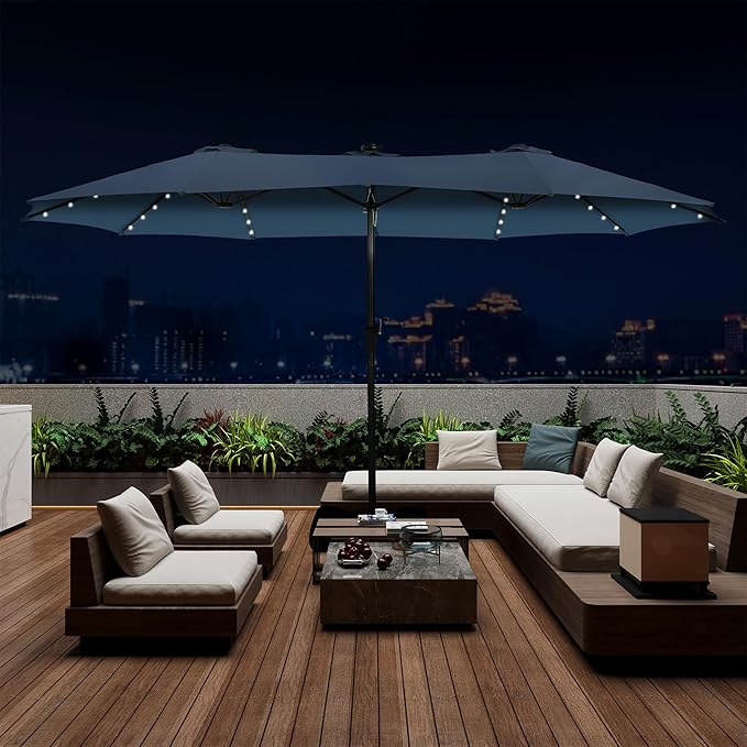15 ft Patio Umbrella with 48 LED Lights, Large Rectangle Outdoor Solar Umbrella with Matching Base, Strap, Crank, Navy Blue