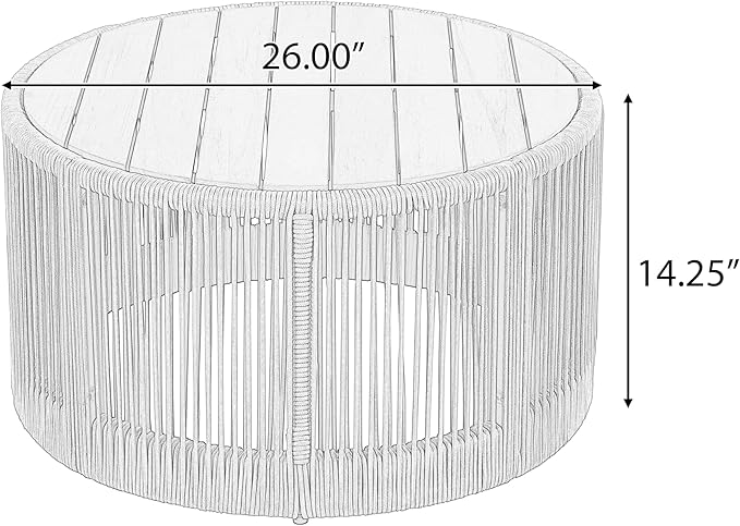 26" Outdoor Rustic Coffee Table,Rattan Rope & Acacia Wood Center Table with Round Top & Iron Frame, Easy Assembly, Versatile Weather-Resistant Patio Furniture for Garden, Yard, Balcony, Gray Teak