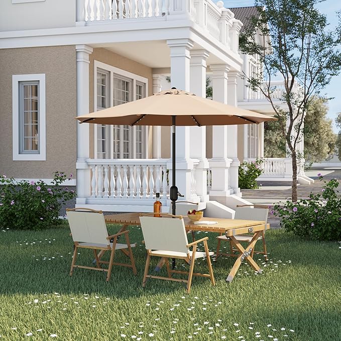 10FT Patio Umbrella with Solar Lights, Outdoor Table Umbrella with Tilt & Crank, 8 Ribs Waterproof UV Protected for Pool, Deck, Backyard, Tan