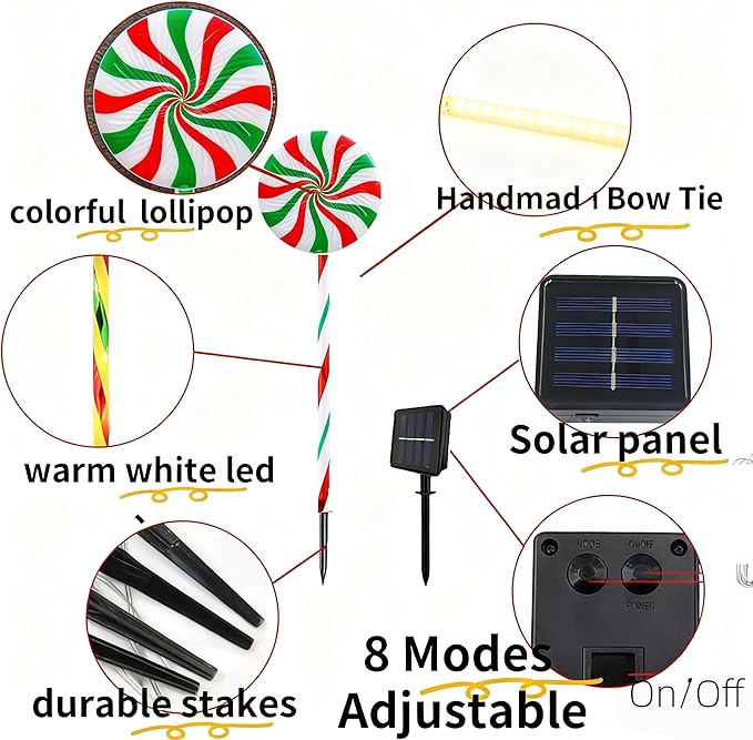 Christmas Solar Lollipop Pathway Lights 5 Pack Outdoor Candy Cane Stake Light with Bow Waterproof Walkway Xmas Outsides Garden Yard Lighting Landscape Decorative Decoration