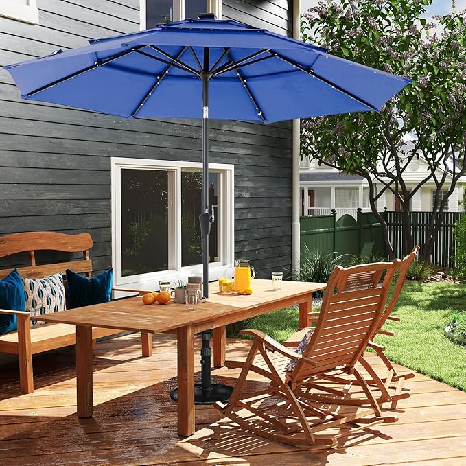 DUMOS LED Outdoor Patio Umbrella 10 FT UV-Resistant Market Umbrella with Tilt Adjustment & Crank Lift, All-Weather Shade for Backyard, Deck, Garden, Beach