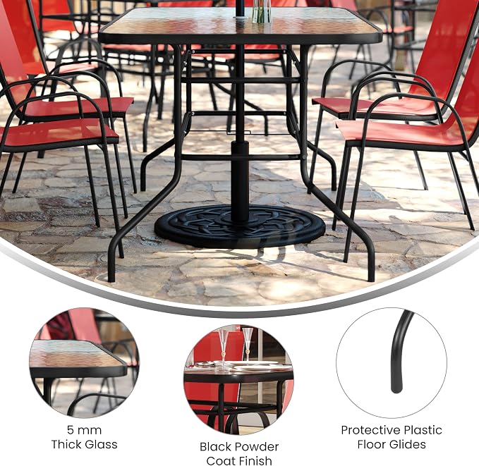 EMMA + OLIVER Seven Piece Indoor/Outdoor Dining Set - Metal Table with Tempered Glass Top - Six Red Flex Comfort Chairs- Umbrella Hole - All Weather