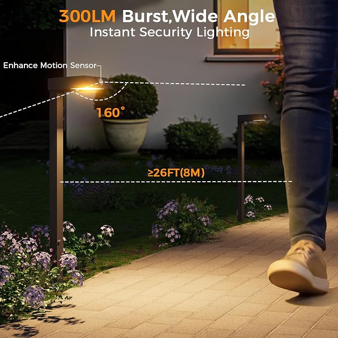 XMCOSY+ Solar Pathway Lights with Motion Sensor 6 Pack, 300LM Solar Lights | IP65 waterprppf, 3 modes landscape lighting for garden, backyard, outside, path, all-metal housing (warm/cool white)