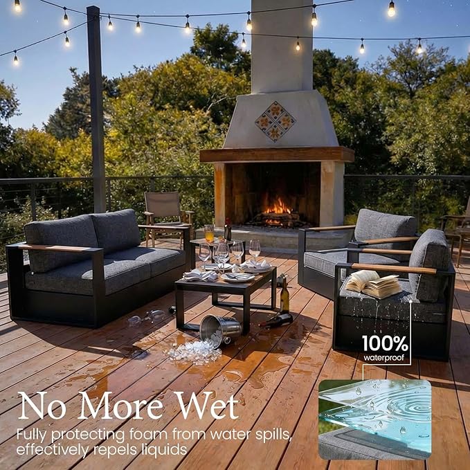 LayinSun 4 Pieces Aluminum Patio Furniture Set with Fire Pit Table, Oversized Outdoor Conversation Set 4 Seats with 6" Thick Cushions for Outside Porch, Balcony, Deck