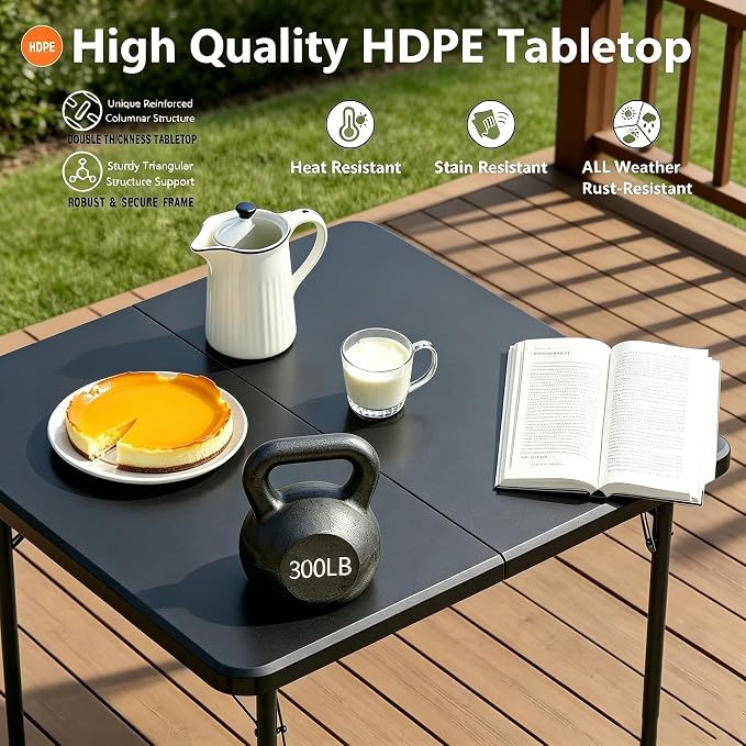 34 In Square Folding Card Table,Heavy Duty Plastic Foldable Table with Built-in Carry Handle&Steel Legs,Portable Indoor Outdoor Utility Table for Dining,Party,GameNight, Camping,Picnic,Black