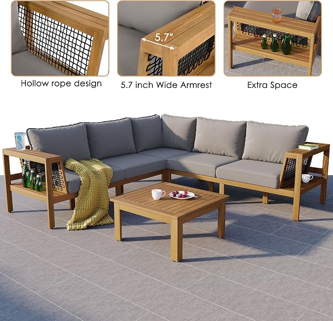 GDFStudio 4-Piece Outdoor Patio Sofa Set, L-Shaped Acacia Wood Seating with Coffee Table, Woven Mesh Armrests, Cushioned Conversation Set with Removable Pillows for Garden, Deck, Balcony, Gray