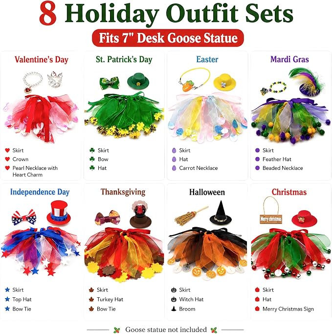 8Set Holiday Outfits for Desk Goose Statue, Seasonal Costumes for 7" Mini Goose, Festival Accessories for Mardi Gras, Valentine's, St. Patrick's, Easter, 4th of July, Thanksgiving, Halloween&Christmas