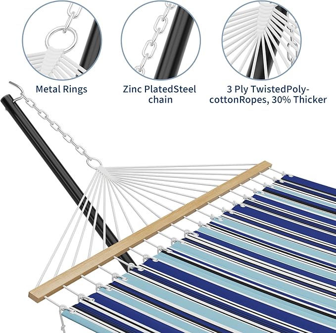 Large Double Portable Hammock with Stand, 2 Person Hammock with Hardwood Spreader Bar & Extra Large Pillow, Blue Stripes