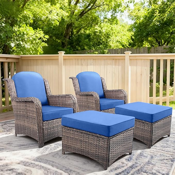4 Pieces Patio Furniture Sets - High Back Outdoor Chairs with Ottomans, All Weather Wicker Furniture Seating Set with Thick Cushion for Porch Balcony Deck Yard, Blue