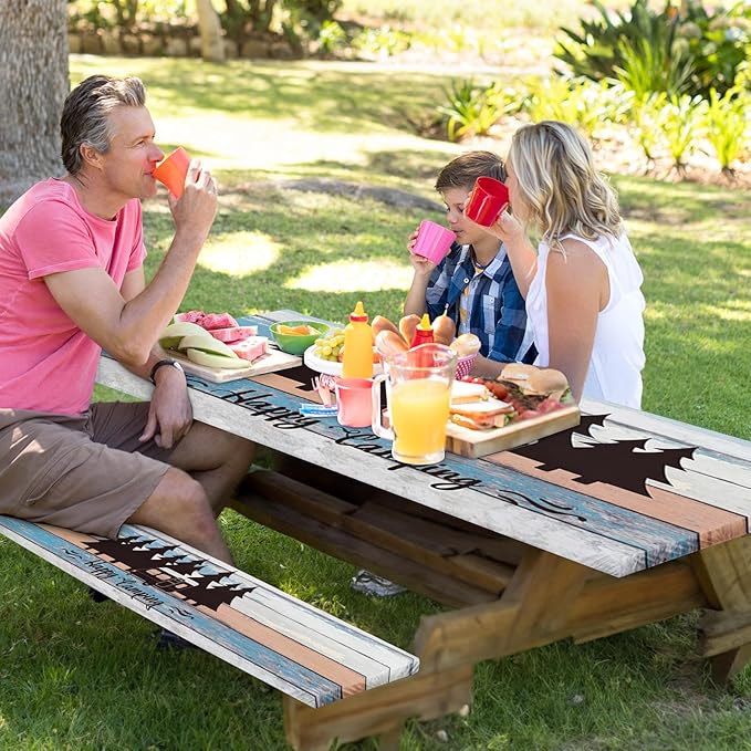 Picnic Table Cover with Bench Covers Elastic Edges, Blue Camper Fitted Table Cover, Outdoor Patio Camping Essentials 72 Inch 3PCS, Waterproof Camping Fitted Tablecloth with Drawstring Bag
