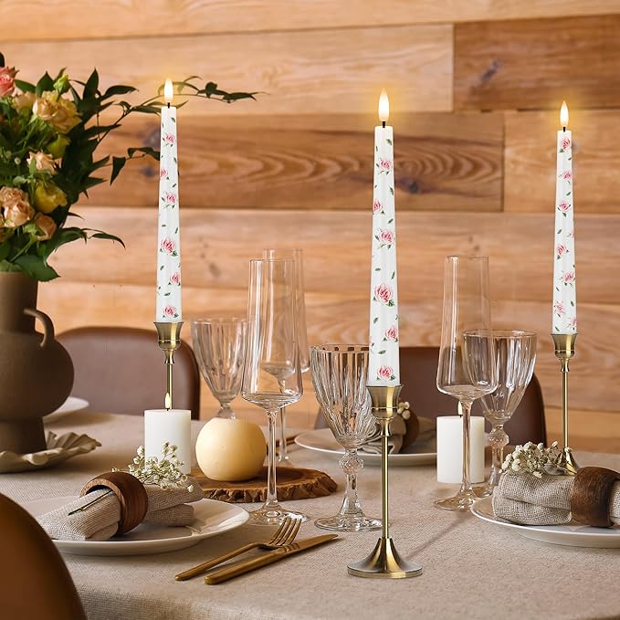 Rose Flameless Taper Candles, 9.6" Real Wax LED Candles with Remote, 3 Pack Flickering Battery Operated Candlesticks for Proposal Wedding Anniversary Romantic Night