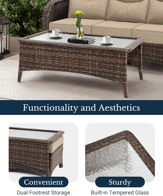 HILLGA Luxury Outdoor Patio Furniture Set with 6-Inch Thick Cushions, High Back Wicker Swivel Rocker Chairs, 13 Pcs All Weather Conversation Set for Large Deck, Yard and Poolside, Beige (V3)