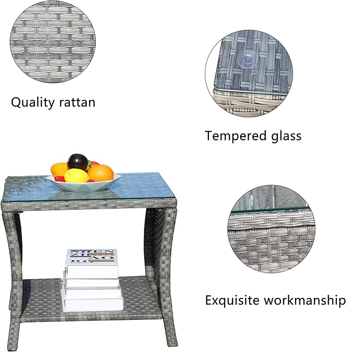 Outdoor Wicker Side Table, 19.25" Patio End Table with Storage & Tempered Glass Top, PE Rattan Coffee Table for Backyard Balcony Garden Lawn, 120 lbs Capacity, Grey