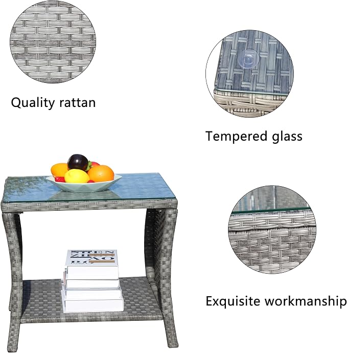 Outdoor Wicker Side Table, 19.25" Square Patio End Table with Tempered Glass Top & Storage Shelf, All-Weather Grey Rattan Coffee Table for Patio, Porch, Backyard, Poolside, Indoor & Outdoor Use