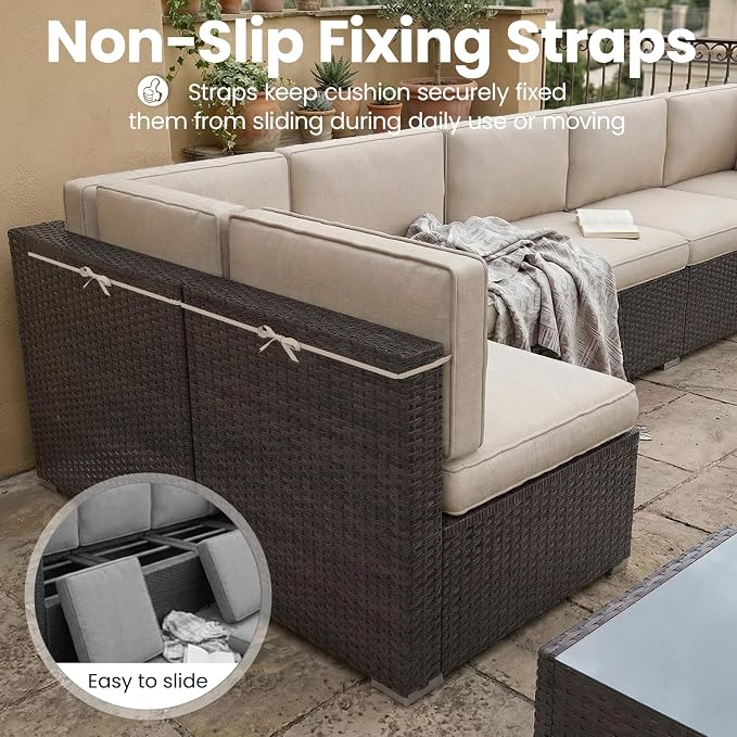 15 Pieces Patio Furniture Set with 44" Propane Gas Fire Pit Table, Outdoor Sectional Brown Rattan Wicker Conversation Sofa Sets with Coffee Table