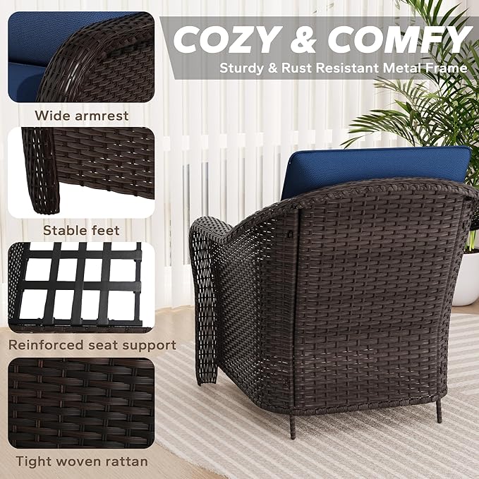 4 Pieces Patio Outdoor Conversation Furniture Set with Cushions, All-Weather Wicker Ottomans, PE Rattan 2 Chairs for Backyard, Deck, Lawn (Navy Blue)