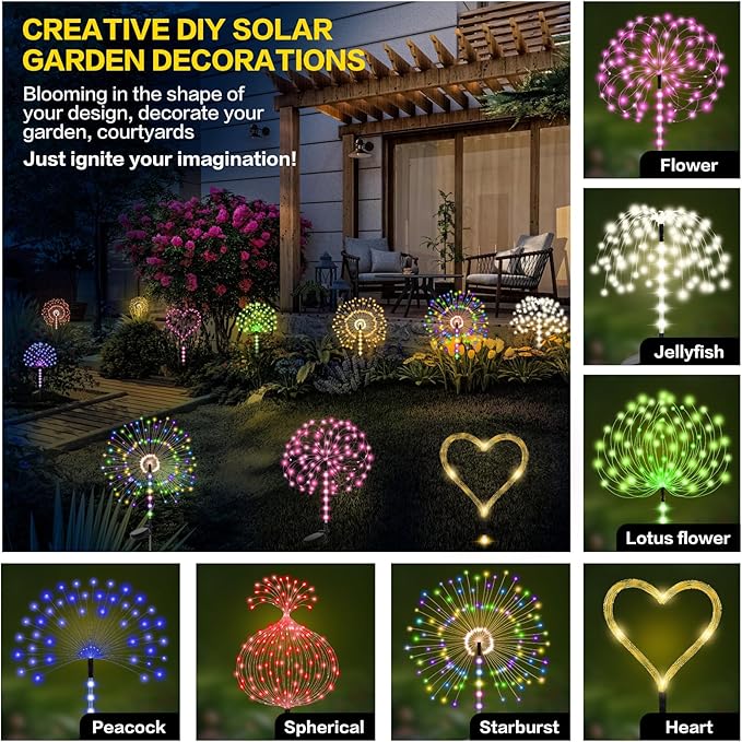 Garden Decor Outdoor Lights 500LED 4Pack, Solar Garden Lights for Outside Christmas Fairy Firework Decorative,Solar Powered for Yard Pathway Flowerbed Planter Balcony Patio Decor