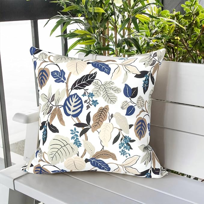 LVTXIII Outdoor Throw Pillows, Decorative Throw Pillows with Inserts, 20"x20" Square Pillows for Bed, Couch, Sofa and Patio Furniture, Set of 2, Breeze Leaves Beige