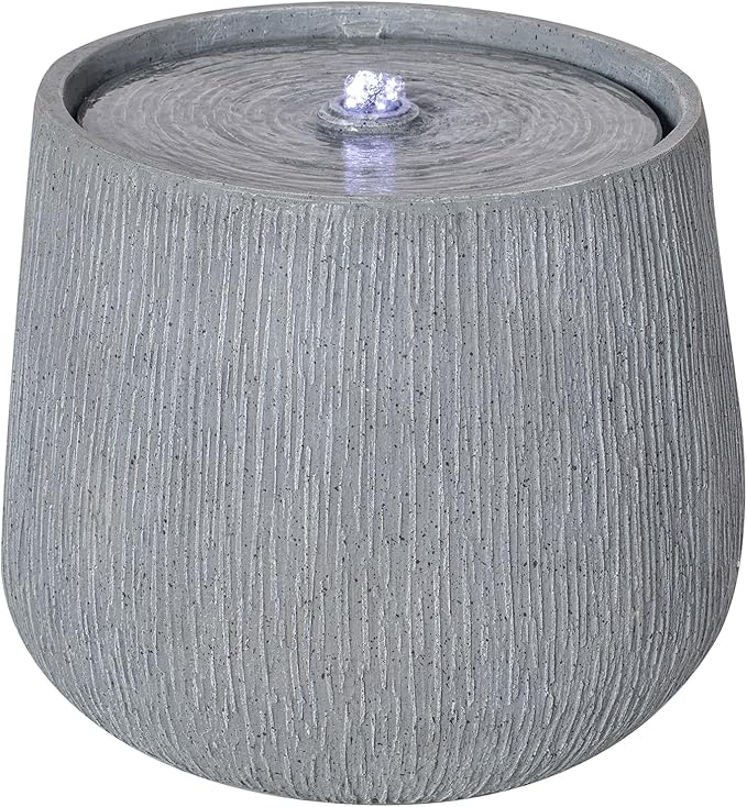 Merax 12.99" H Gray Polyresin Outdoor Water Fountain, Bowl-Shaped Water Feature with LED Light for Patio Deck Yard Decor