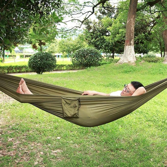 Portable Camping Travel Double Hammock, Hanging Bed with Tree Straps, Lightweight Nylon Taffeta Hammock for Two, Includes 2 Tree Straps and Metal Buckles for Outdoor (OD Green)
