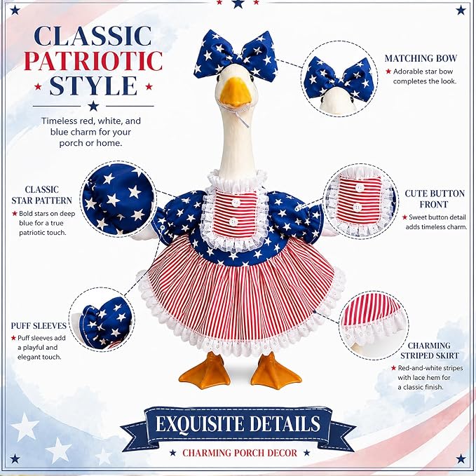 4th of July Red White Blue Porch Goose Outfits, USA Patriotic Costumes for 23 Inch Lawn Goose, 250th Independence Day Summer Sculpture Goose Clothes for Patriotic Celebrations