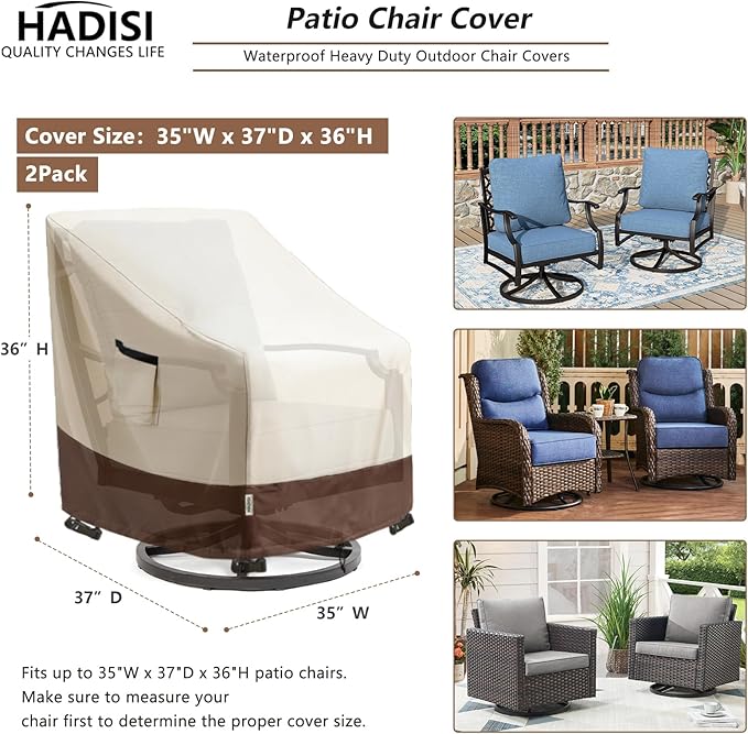 Patio Chair Covers for Outdoor Furniture Waterproof 2 Pack, Heavy Duty Waterproof Outdoor Swivel Chair Cover (35" W x37 D x36 H - Beige)
