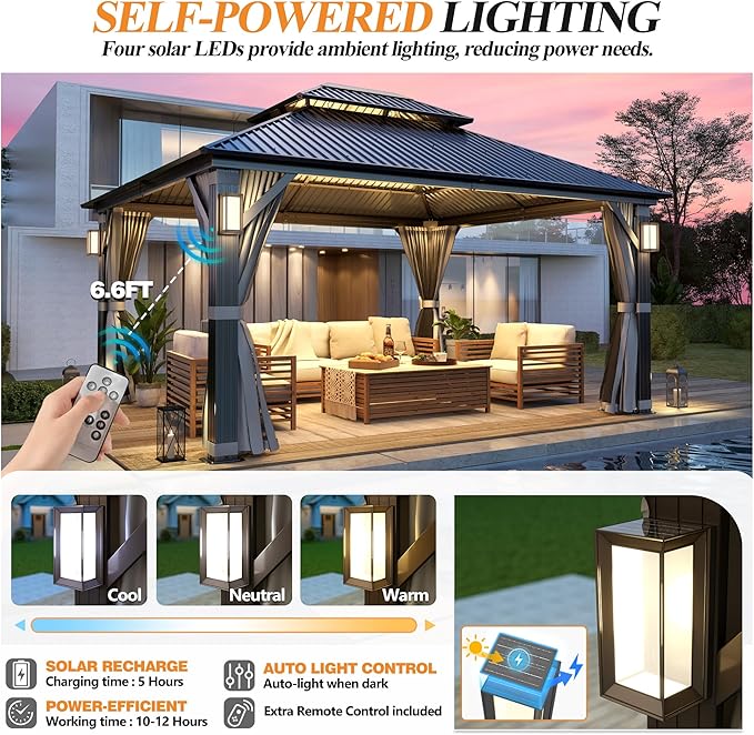 GARTOO 12'x14' Outdoor Hardtop Gazebo with Double Roof - Heavy-Duty Galvanized Steel Top Aluminum Frame Gazebowith Solar LED Light, Breathable Netting & Privacy Curtain for Patio,Garden, Backyard