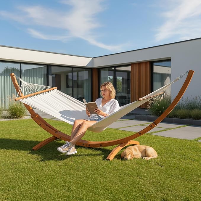 ONCLOUD Hammock Wood Arc Stand with Double Hammock, Hammock with Stand for Outside, Natural Wooden Stand, 330LBS (10.5 ft)