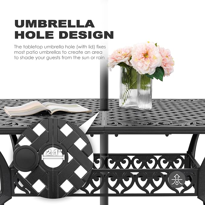 NUU GARDEN 60" Outdoor Dining Table with 2.09" Umbrella Hole, All Weather Cast Aluminum Outdoor Patio Table, 6-8 Person Rectangle Dining Table, Backyard Bistro Table for Garden, Poolside, Black