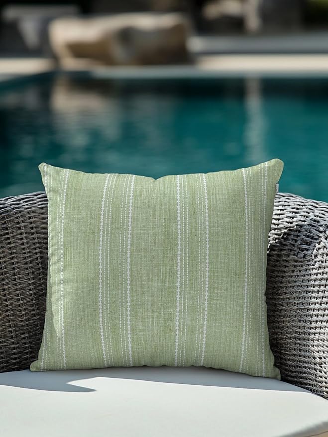 Vandarllin Waterproof Outdoor Pillow 1 Pack Olive Green Linen Stripes Decorative Throw Pillows Cover & Insert 16x16 Inch Pillowcase Parallel Vertical Lines Pillows for Couch Sofa Bed Patio Furniture