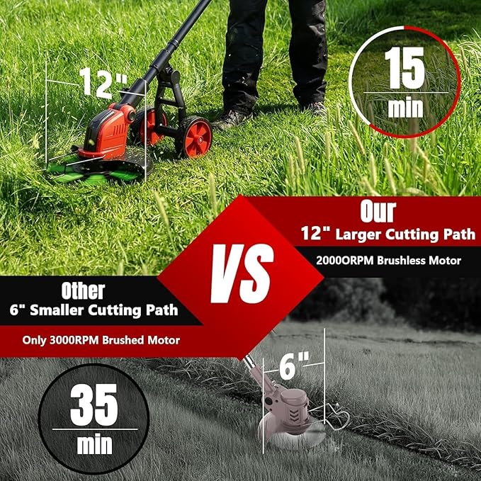 6000mAh Electric Weed Eater Battery Powered,12″ Brushless Electric Weed Wacker Cordless Wheeled String Trimmer,4 in 1 Grass Trimmer/Brush Cutter/Grass Edger/Weed Trimmer 5 Blade, 2 Battery (Red)