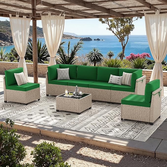 Soohow 7-Piece Patio Furniture Set, Outdoor Sectional All-Weather Wicker Patio Conversation Set for Garden, Porch, Backyard - Green Cushions