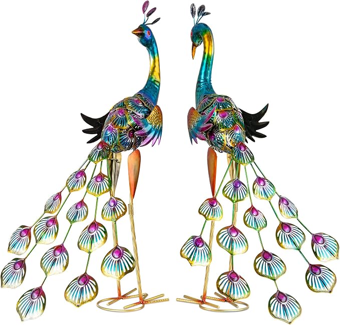 XONOR Metal Peacock Garden Statues Peacock Yard Art Outdoor Sculptures for Home Patio Lawn Backyard Décor, Set of 2