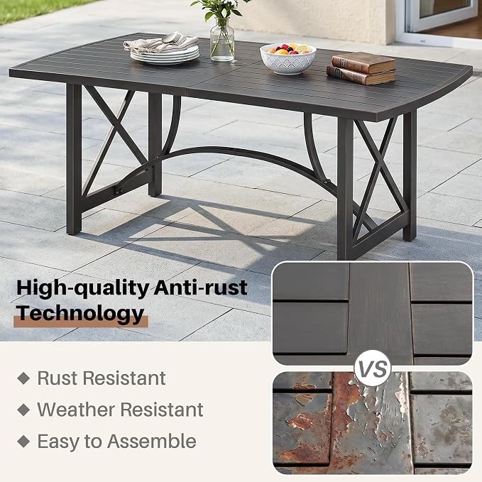 Never-Rust 72" x 36" Outdoor Table, Rectangular Aluminum Patio Table for 6 Person with Umbrella Hole, Heavy-Duty Indoor/Outdoor Table for Garden, Poolside, Backyard, Black