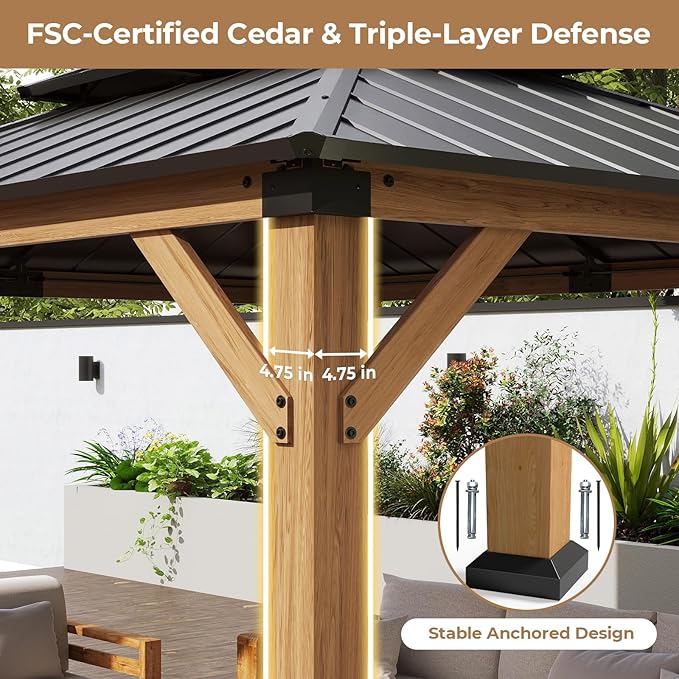 Jocoevol 10' X 12' Wood Gazebo Hardtop Outdoor Permanent Pavilion with Double Galvanized Steel Roof, Curtains and Netting, Snow Support, Wind Resistance, for Backyard Garden, Lawns, Patio
