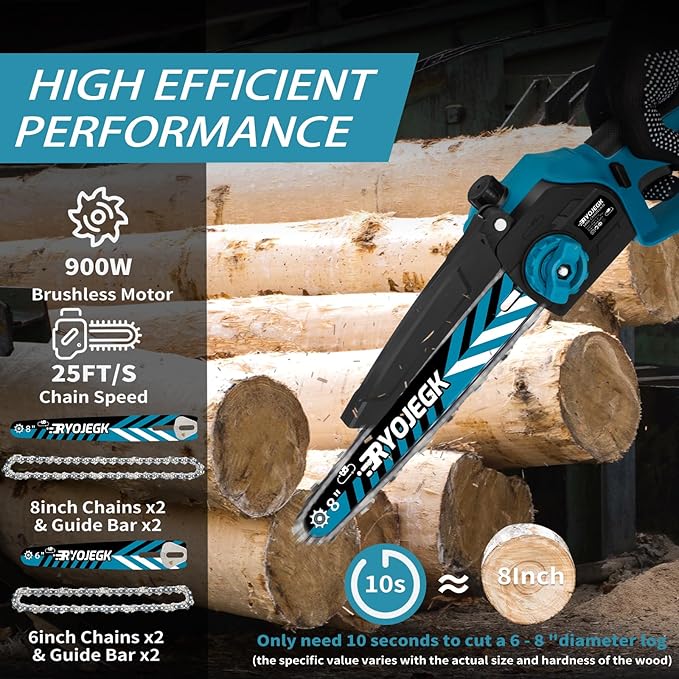 RYOJEGK 8 & 6 Inch Brushless Mini Chainsaw,2×4.0Ah Battery Tool-Free Installation Small Cordless Chain Saw with 4 Chain Guide,Portable Motosierra De Bateria for Tree Trimming & Branch Wood Cutting