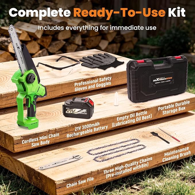 maXpeedingrods Electric Chainsaw Cordless, 8 Inch & 6 Inch Mini Chainsaw with 3.0Ah Battery, Brushless, Auto Oiler & Tool-Free Tensioner, Handheld Portable Chainsaw (8inch Light Green with 3.0Ah)