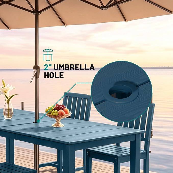 PLUUV 5-Piece Outdoor Dining Set – HDPE Patio Furniture with Aluminum Table, Umbrella Hole, and 4 Armless Chairs, All-Weather Resistant for Garden & Backyard, Navy Blue