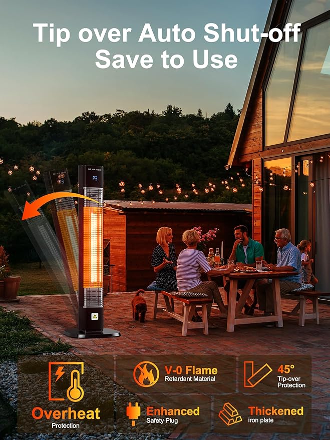 YEW Outdoor Electric Patio Heater, 1500w Infrared Heaters with Remote, 24H Timer, 3 Heat Levels, Waterproof, Quiet, Tip-Over Protection, Portable Space Heaters for Indoor Garage,Balcony,Backyard,Porch