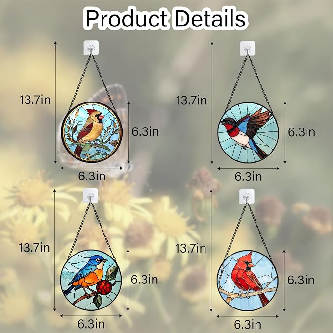 Stained Glass Window Hanging 4 Pcs Set Cardinal Blue Birds 6.3" - Suncatcher Door Garden Sun Catcher Decor Birthday Mother's Day for Bird Lovers Men Woman Nana Friend