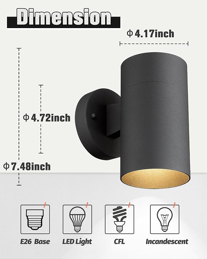 Ken & Ricky Modern Outdoor Wall Sconce Lights,Cylinder，Black ，4 Pack | No Glare Aluminum Exterior Lighting Fixtures,Downward Outside Wall Light,E26,For House Front Porch Garage Patio Entryway