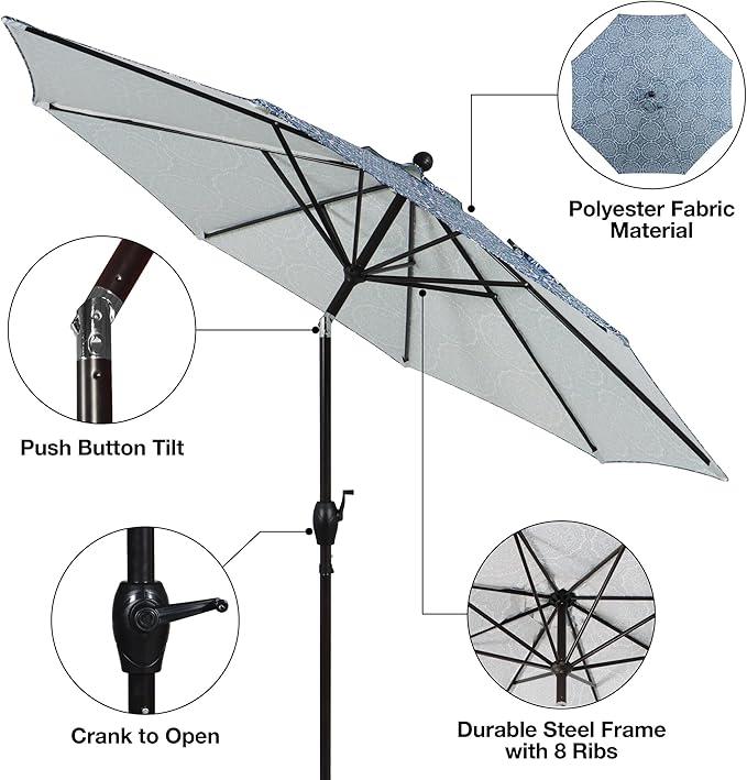 9ft Round Blue and Green Medallion Patio Umbrella, Crank Lift with 3-Position Tilt, Polyester Canopy and Steel Frame for Outdoor Use