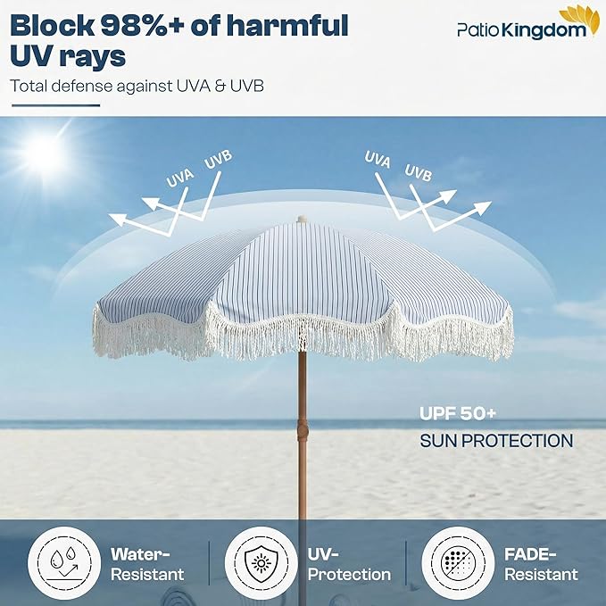 7ft Patio Umbrella with Fringe, Boho Beach Umbrellas, Outdoor Tassels Umbrellas with Push Button Tilt & Carrying Bag, 8 Windproof Fiberglass Ribs, UPF50+