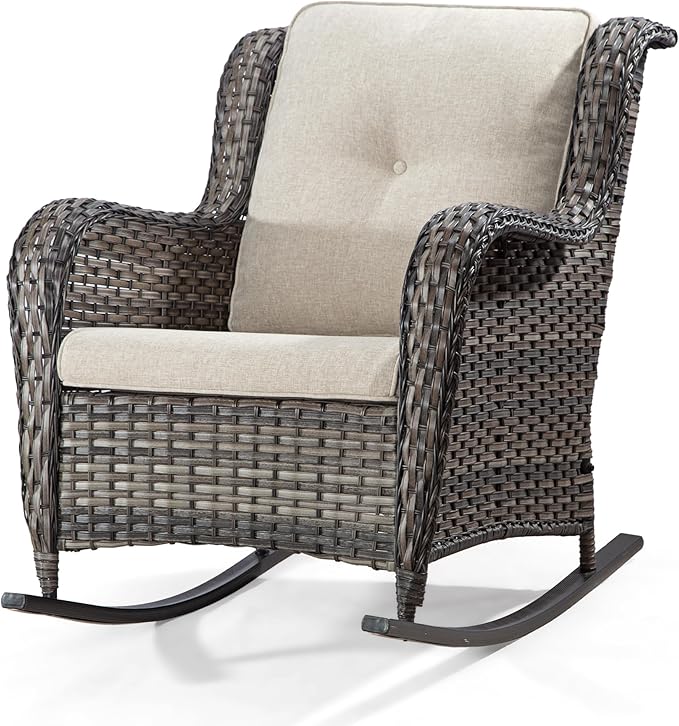 Outdoor Wicker Patio Rocking Chair - All-Weather Lawn Rocking Wicker Furniture with Alloy Steel Frame & Premium Fabric Cushion, Beige
